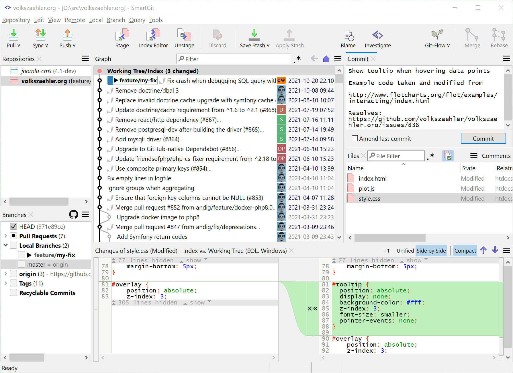 Graphical commit history view in SmartGit’s Log window with branch filters and PRs