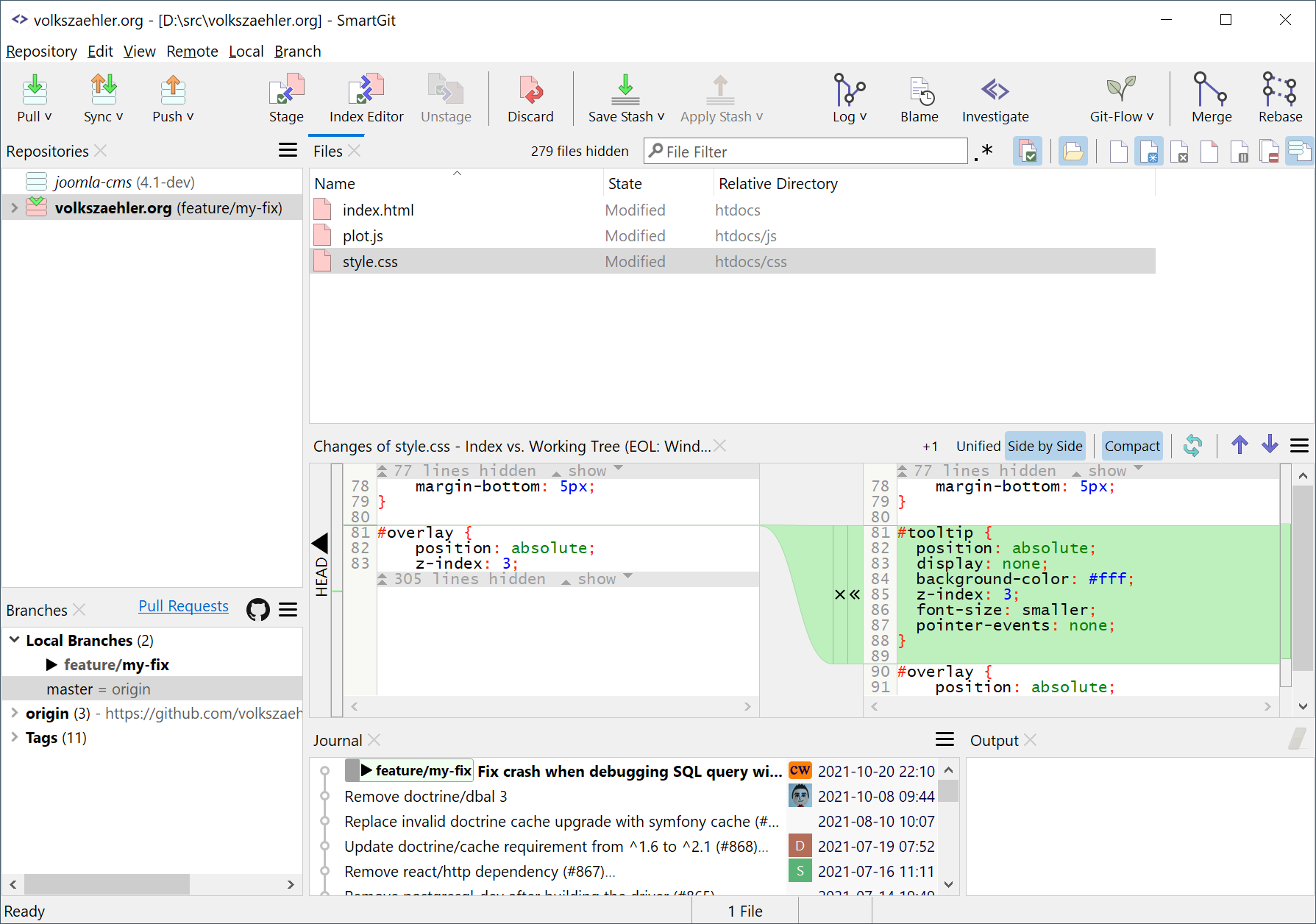 Screenshot of SmartGit’s Working Tree window showing file-based commit workflow