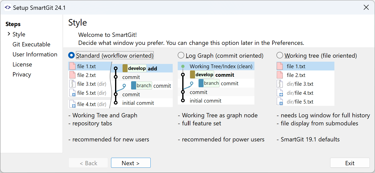 Screenshot of SmartGit’s Working Tree window showing file-based commit workflow
