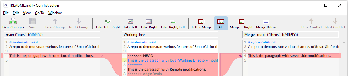 Screenshot of SmartGit’s built-in Conflict Solver showing a 3-way merge interface with base, local, and remote file versions side by side.