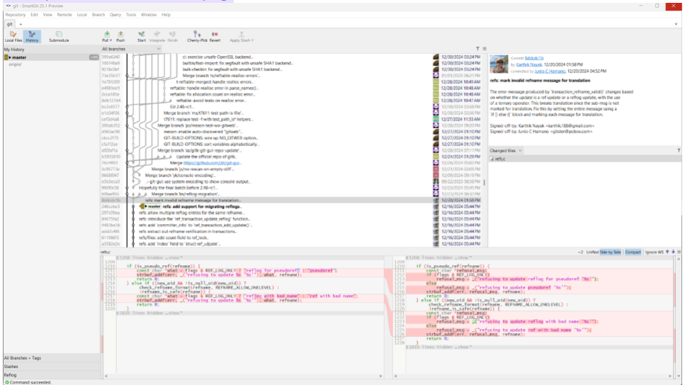 Screenshot of SmartGit’s customizable Graph View showing branching structure, commit messages, and a visual diff of file changes.