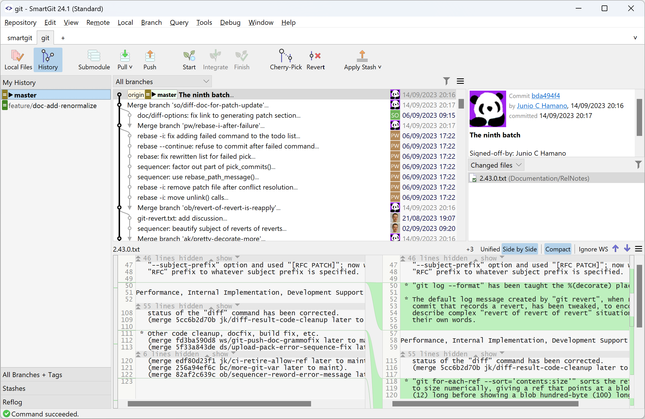 Graphical commit history view in SmartGit’s Log window with branch filters and PRs