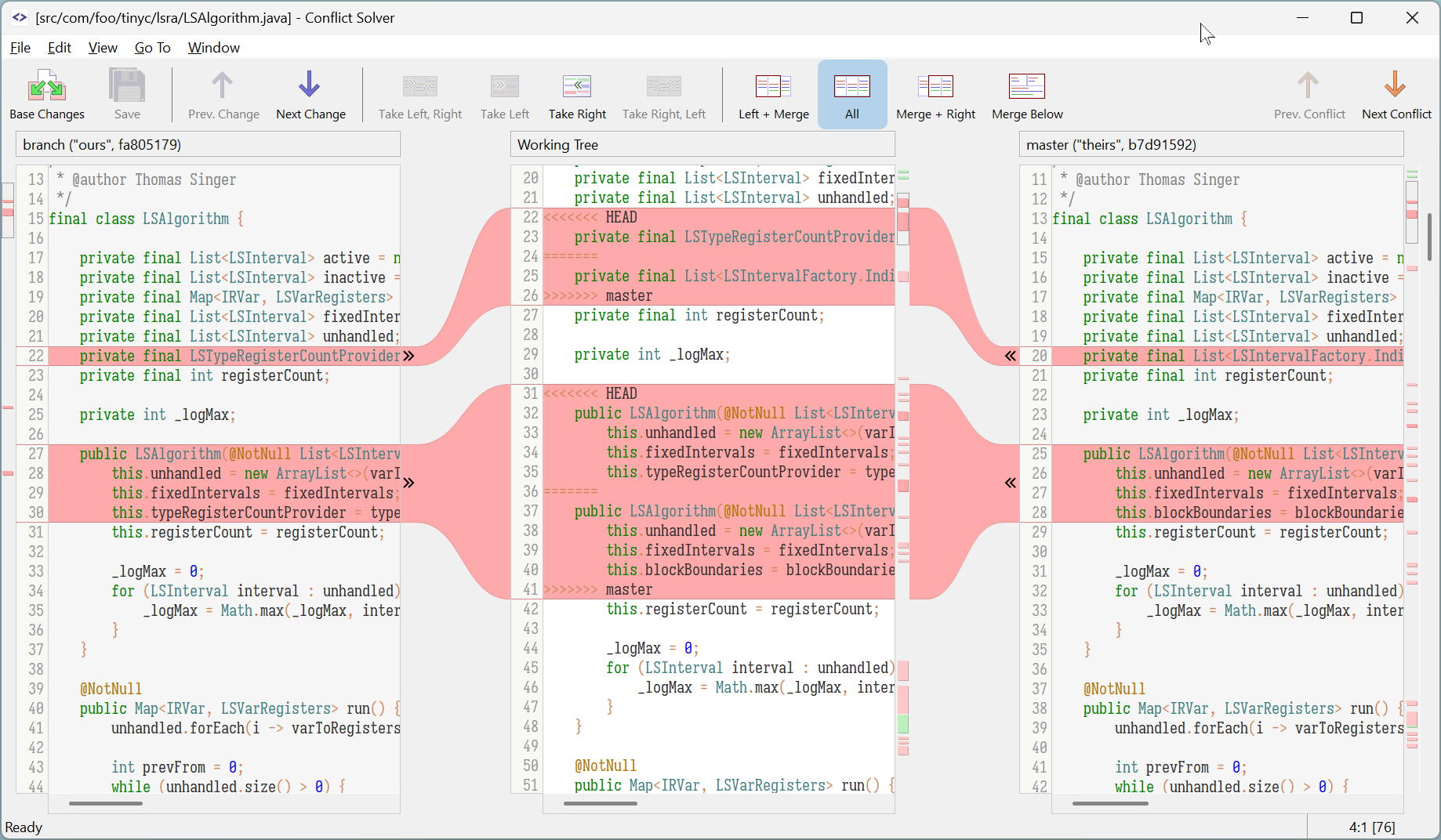 Screenshot of SmartGit’s built-in Conflict Solver showing a 3-way merge interface with base, local, and remote file versions side by side.