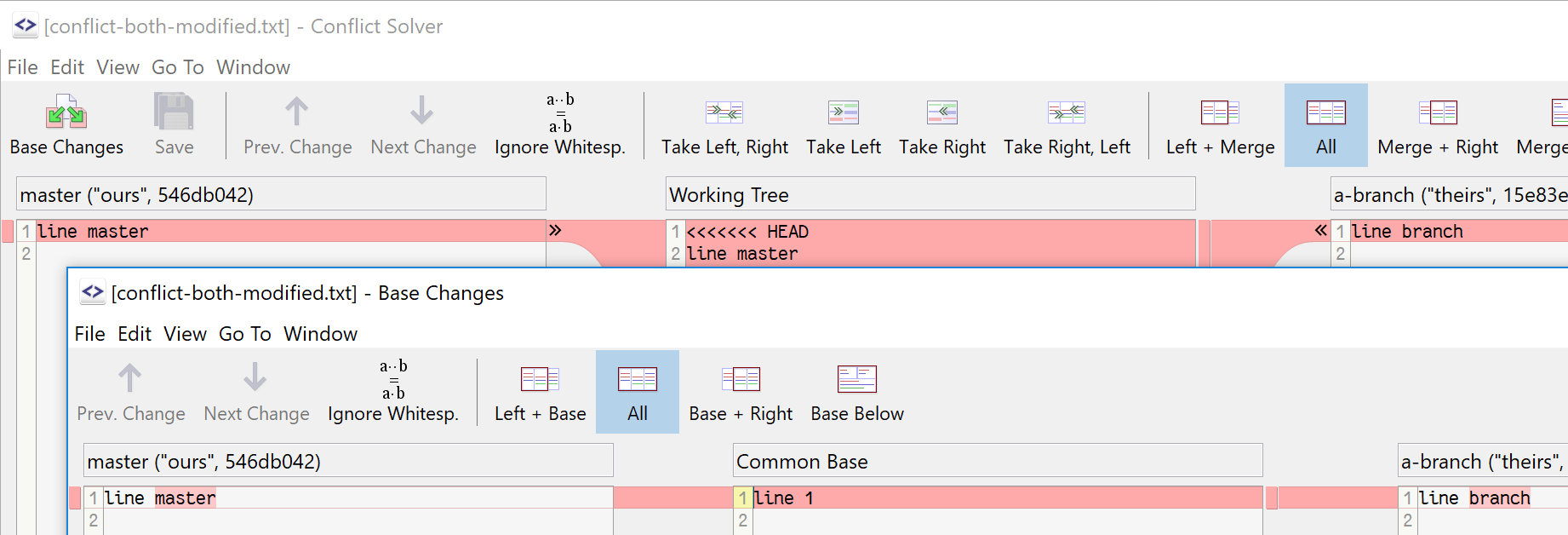 SmartGit's built-in 3-way merge Conflict Solver with base file changes for comprehensive merge conflict resolution.