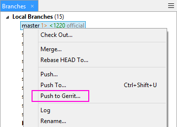 SmartGit's Gerrit integration with automatic branch detection and push functionality for code review workflows.