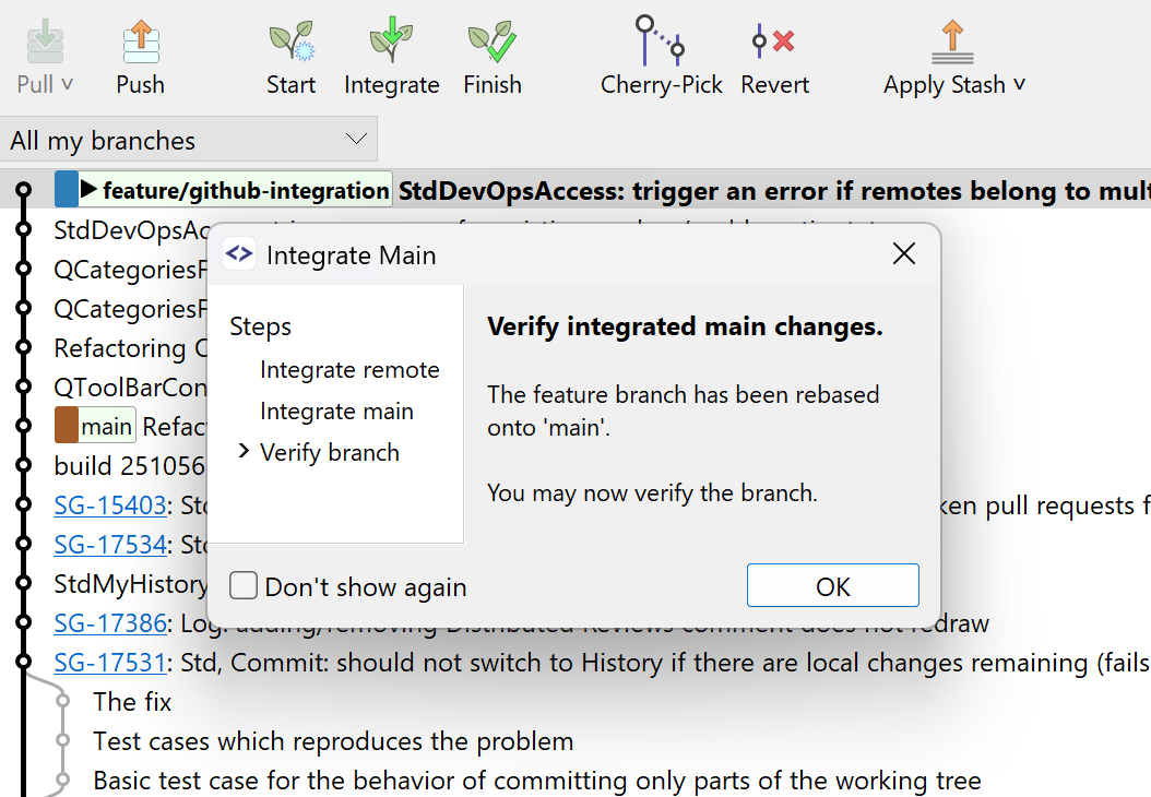 SmartGit Feature Flow Integrate dialog guiding feature-branch integration with upstream changes