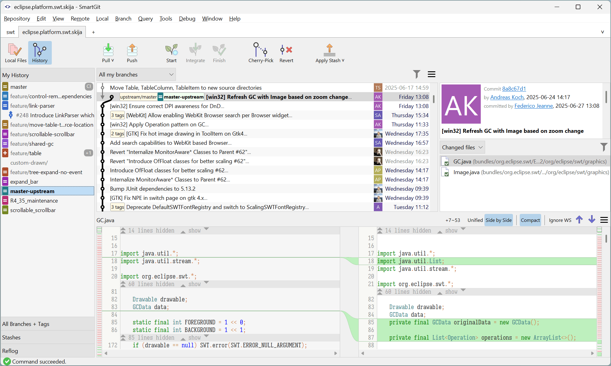 Screenshot of SmartGit’s Standard Window - one of 3 Window Styles.