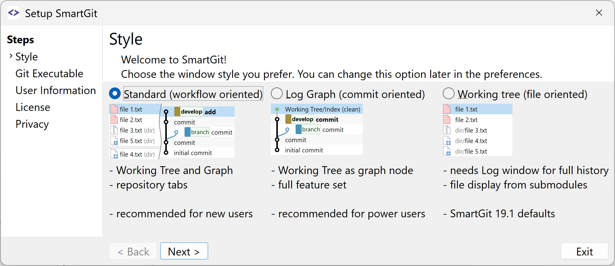 Screenshot of SmartGit's Working Tree window showing file-based commit workflow](three-window-styles-new.png