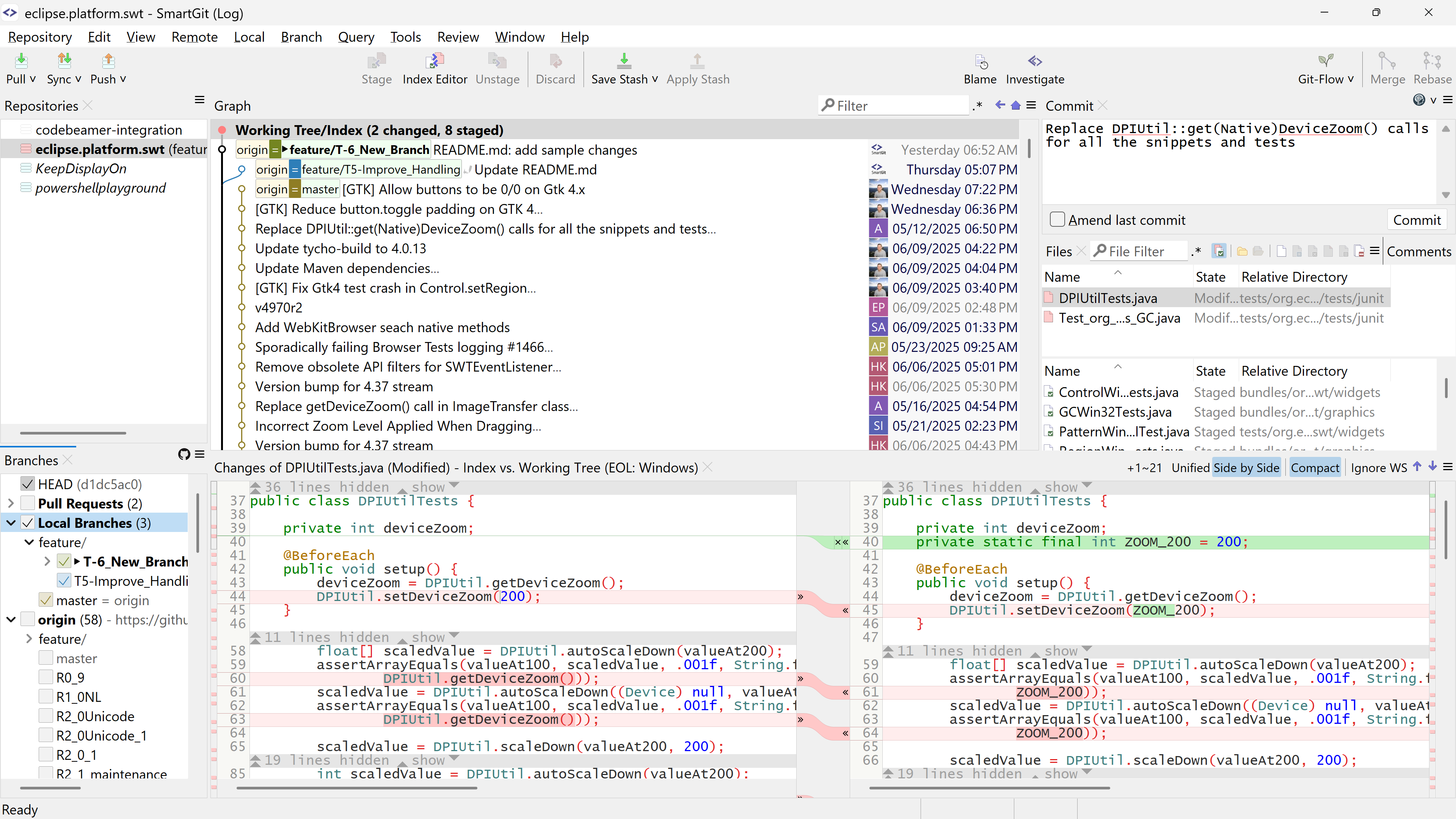 Graphical commit history view in SmartGit's Log window with branch filters and PRs | safeHTML }}