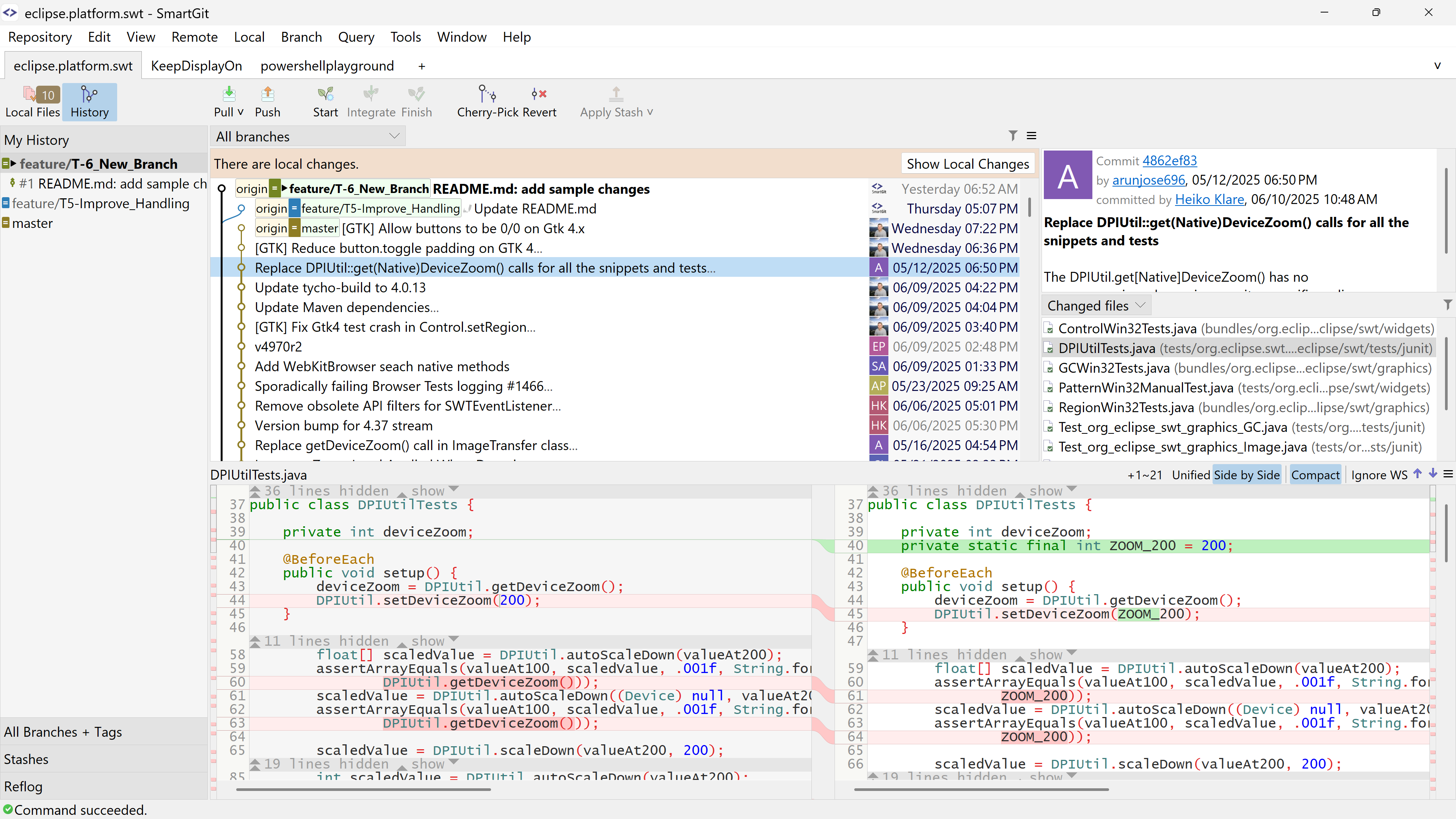 Graphical commit history view in SmartGit's Log window with branch filters and PRs | safeHTML }}