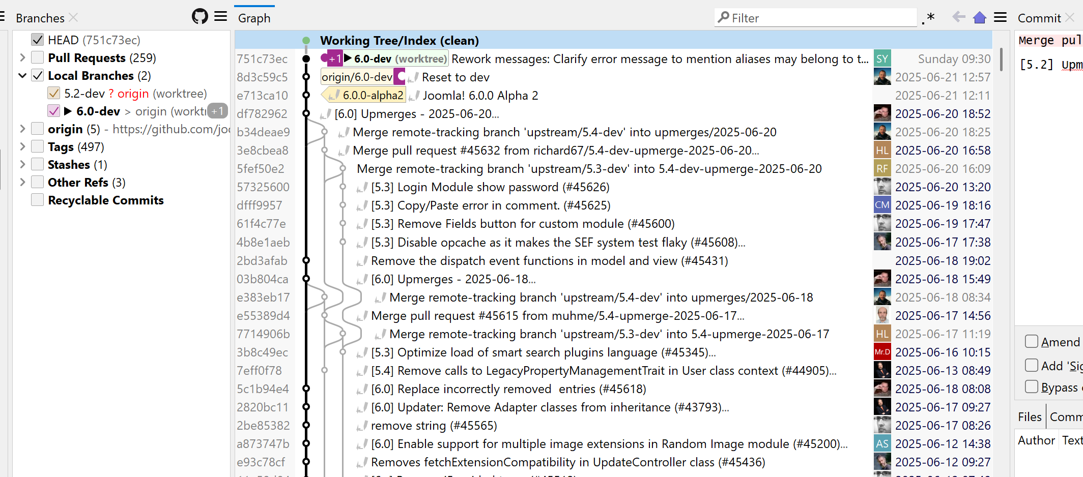 Screenshot of SmartGit’s customizable Graph View showing branching structure, commit messages, and a visual diff of file changes.