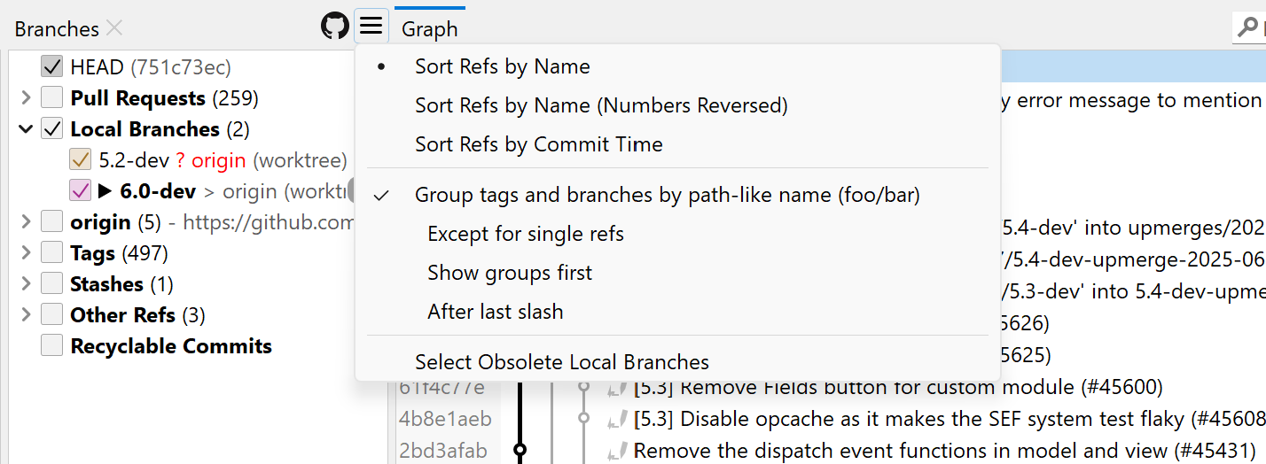 SmartGit My History View showing a personalized list of recently used Git branches with commit messages for quick workflow access. | safeHTML }}