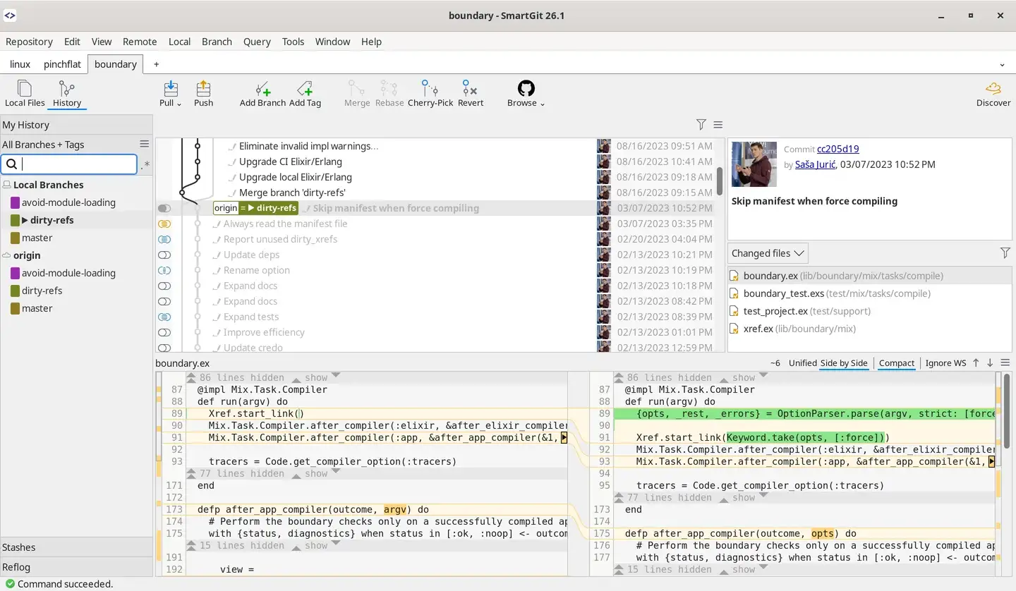 Screenshot of SmartGit showing commit history, working tree, and staging area.