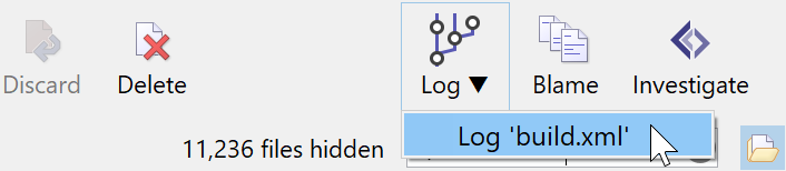 SmartGit 17.1 combined Log toolbar button with repository and selection-based log options