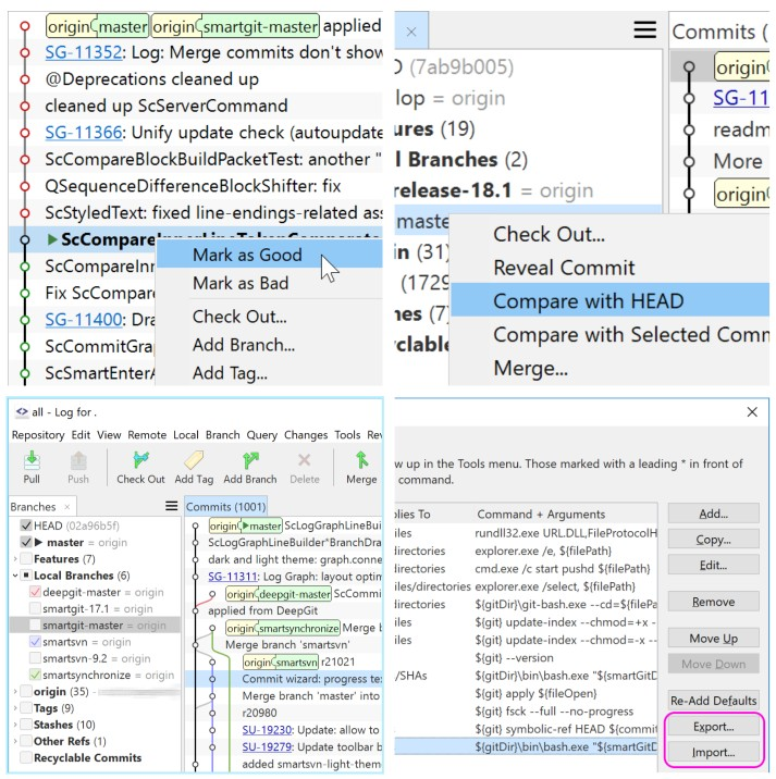 SmartGit 18.1: Smarter log graph, built‑in bisect, better worktree & ignore handling.
