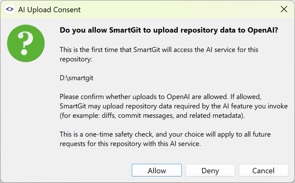 AI consent: SmartGit requests approval before sending code to an AI provider. | safeHTML }}