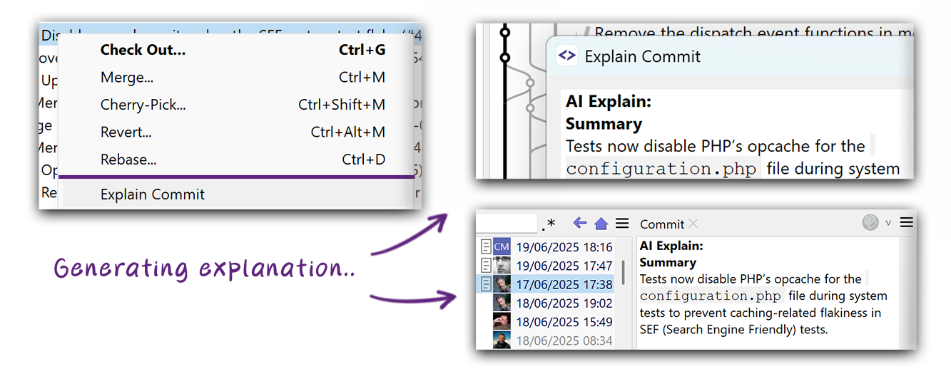 Explain Commit: AI summary generated and shown in the Commit view. | safeHTML }}