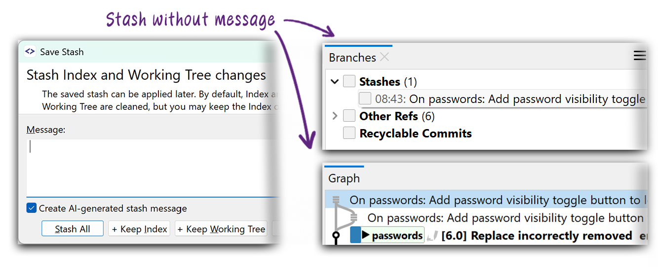 AI-generated stash message: checkbox in Save Stash and the resulting titled stash in the graph. | safeHTML }}