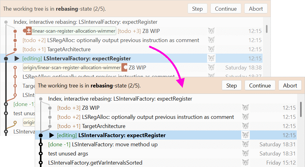 During a rebase, My History shows only rebase-relevant commits and hides irrelevant branches. | safeHTML }}