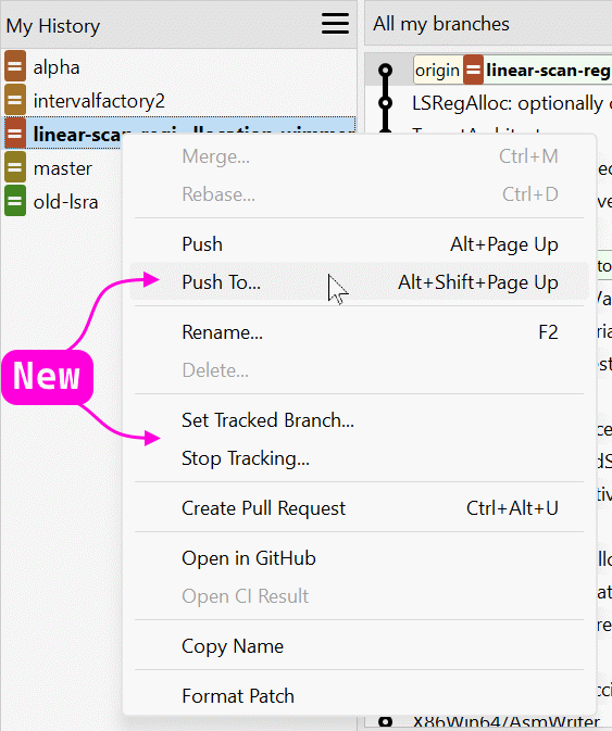 Standard window: new branch commands Push To, Set Tracked Branch, and Stop Tracking. | safeHTML }}