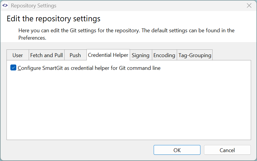 SmartGit configured as a Git credential helper in Preferences and Repository Settings. | safeHTML }}