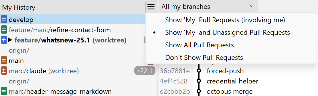 Standard window: filter Pull Requests to show 'My', 'My and Unassigned', All, or hide them. | safeHTML }}