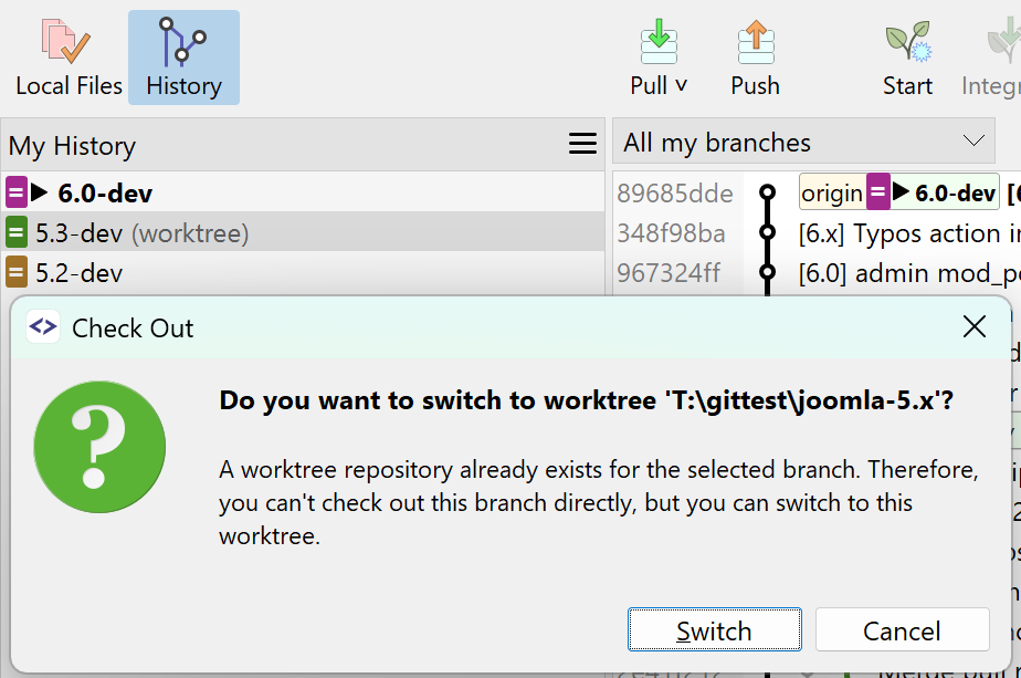 Worktrees: when a branch is already checked out, SmartGit opens that existing worktree. | safeHTML }}