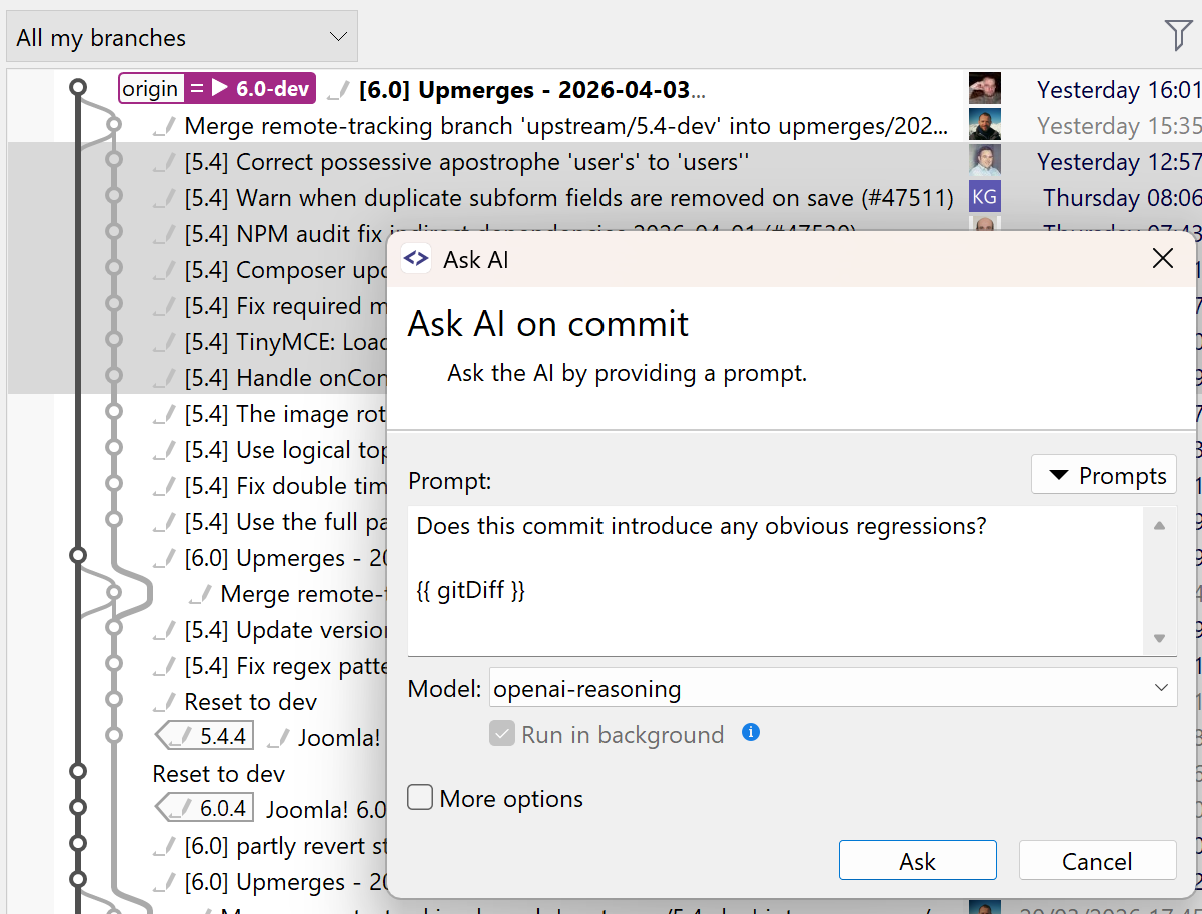 Ask AI dialog with a custom prompt for a selected commit