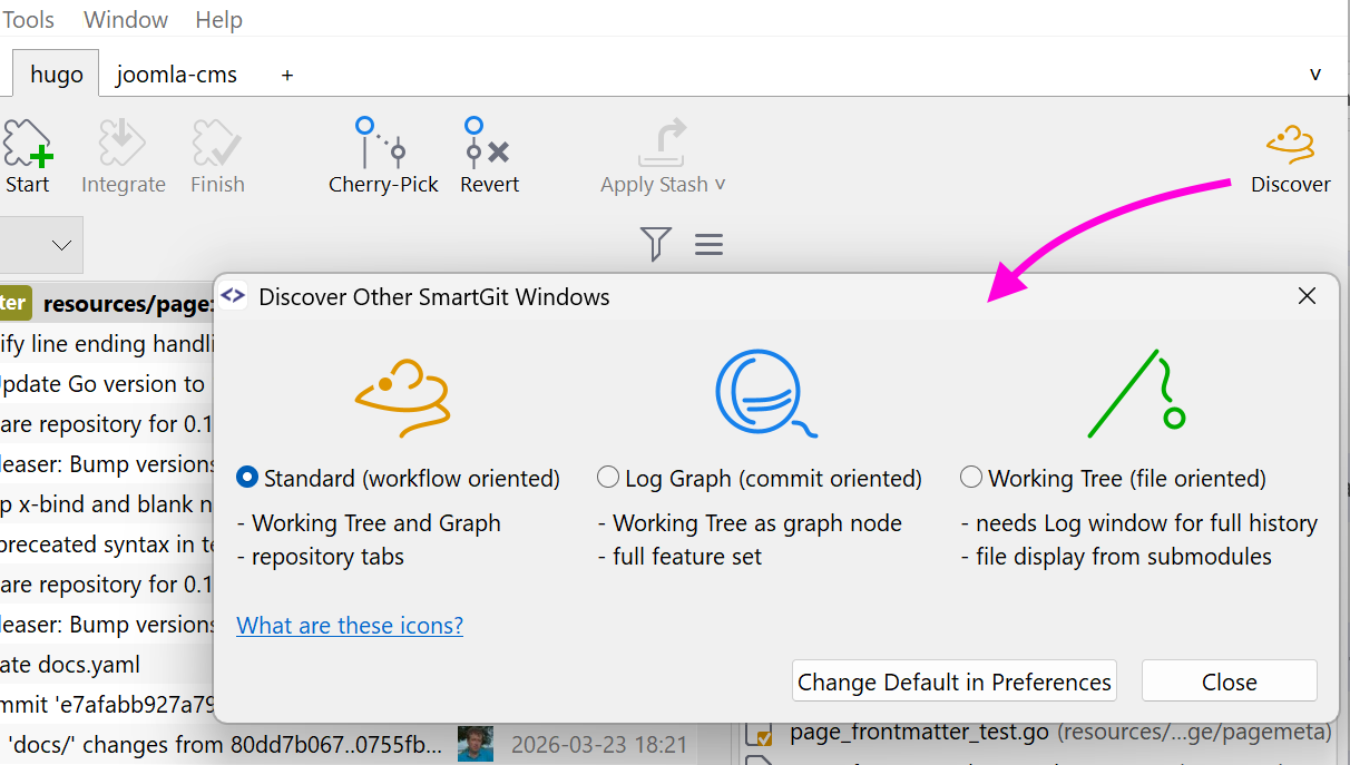SmartGit 26.1 Discover dialog for switching between the main windows