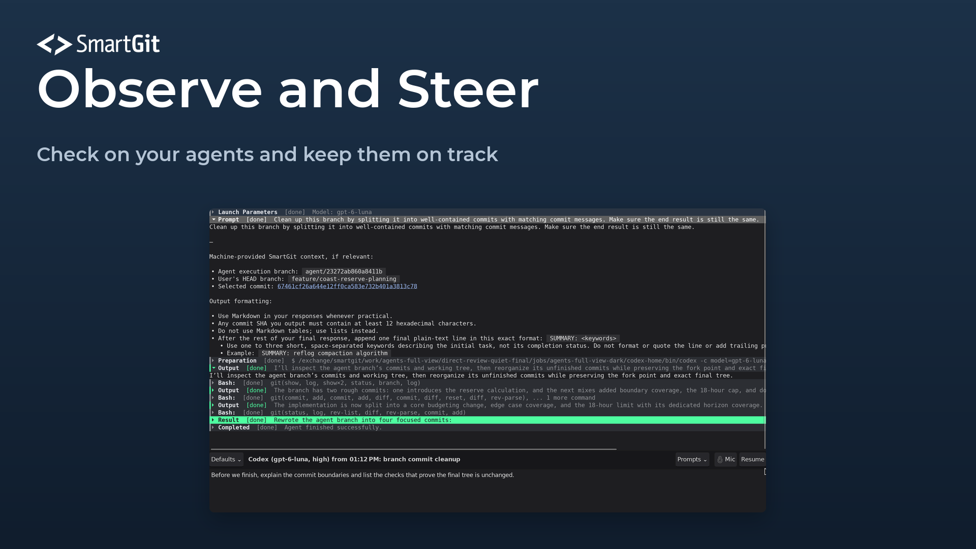 Observe and Steer: SmartGit's Agent view showing a conversation's live output and follow-up controls