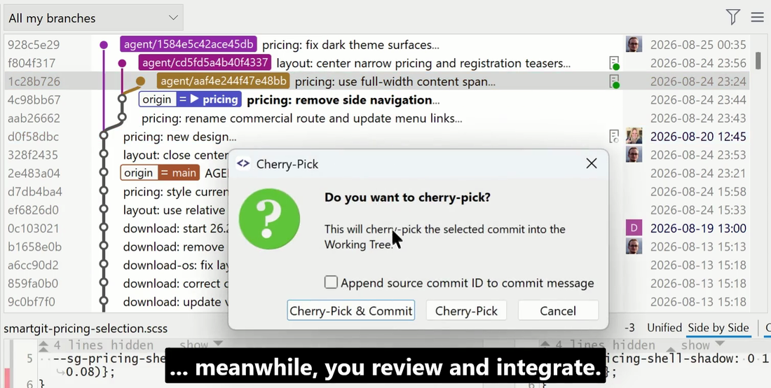 SmartGit showing parallel agent branches and a dialog for cherry-picking a reviewed commit