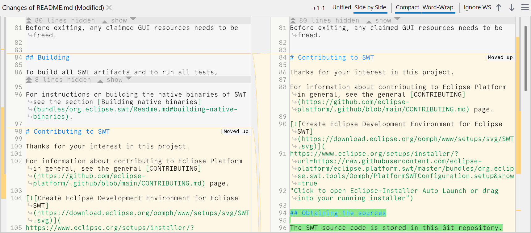 SmartGit's diff with word-wrap support