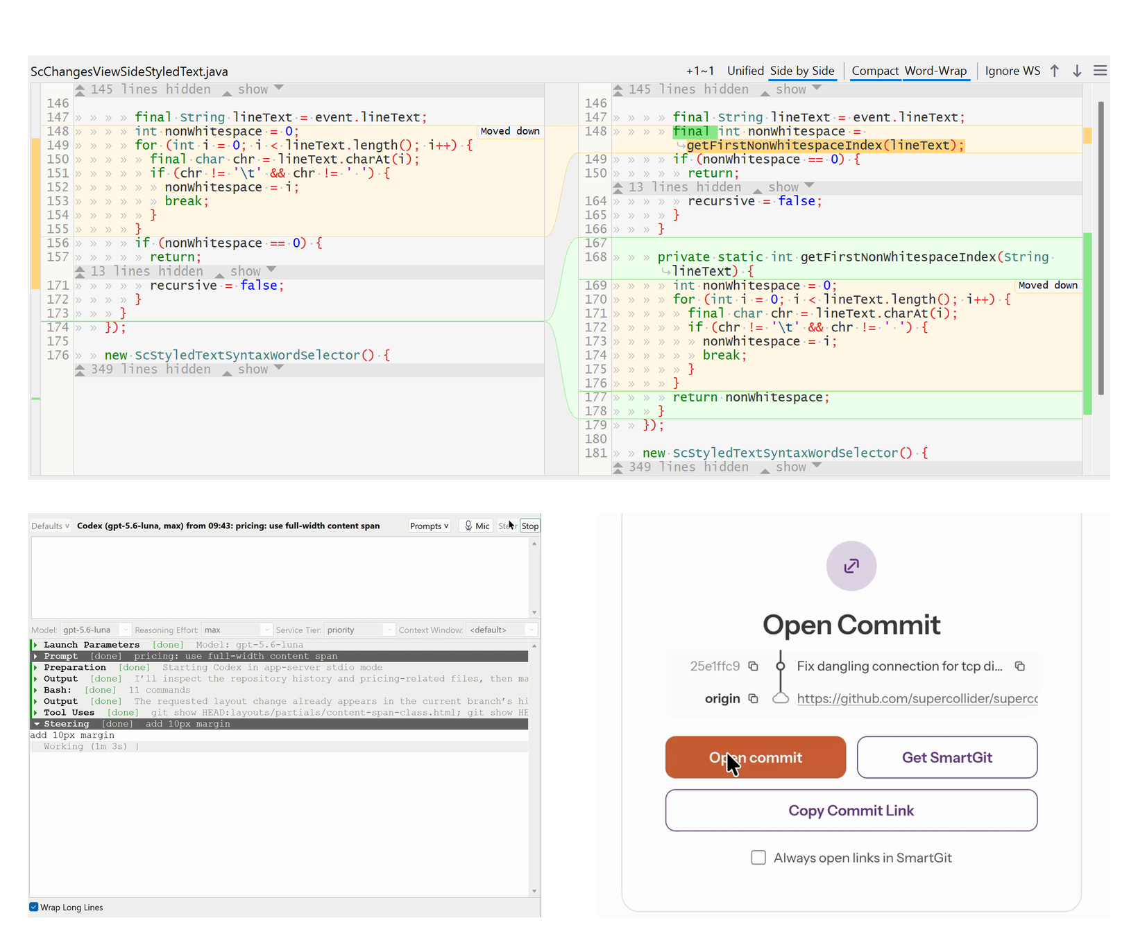 SmartGit 26.2 Preview overview showing in-file move detection, a Codex agent session, and SmartLinks for opening commits