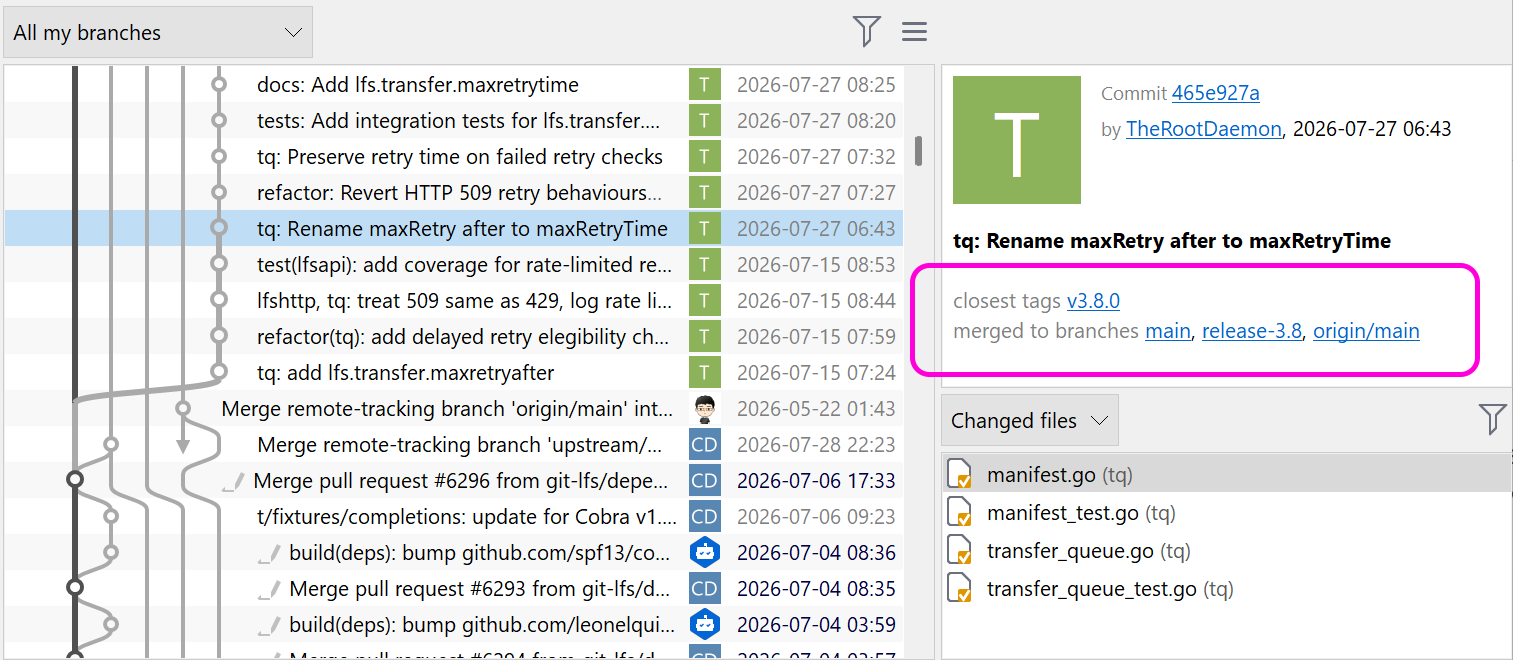 Commit details show information about branches and tags